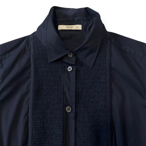 Prada Dark Blue Sleeveless Button Down Shirt, Size 44 Italy, stretch - Picture 7 of 15